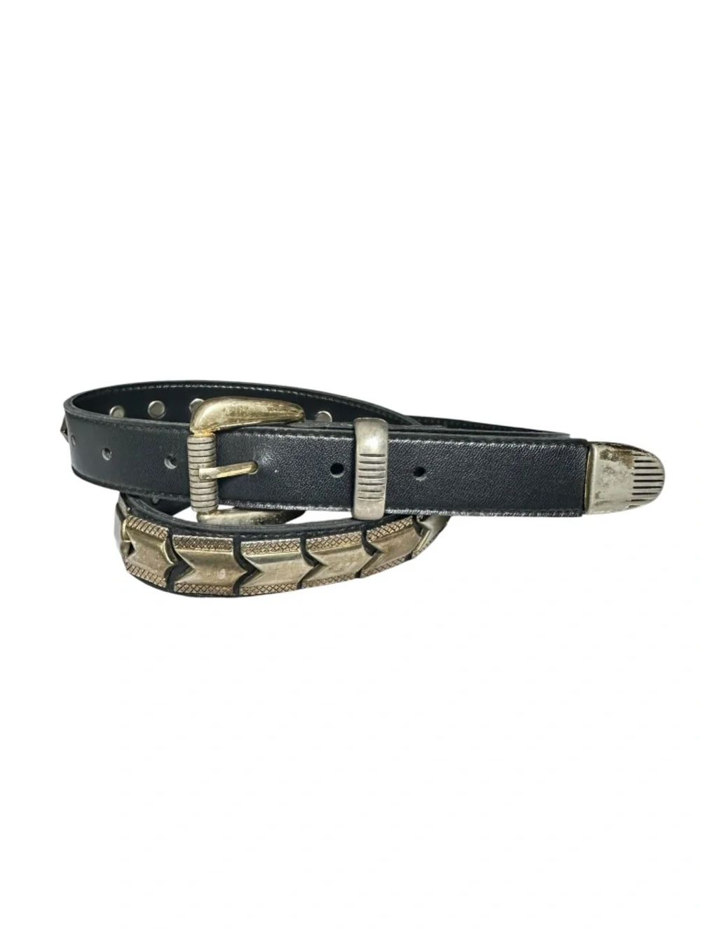 Vintage Black Synthetic Leather & Silver Metal Panels Unisex Belt Size 32 Rock